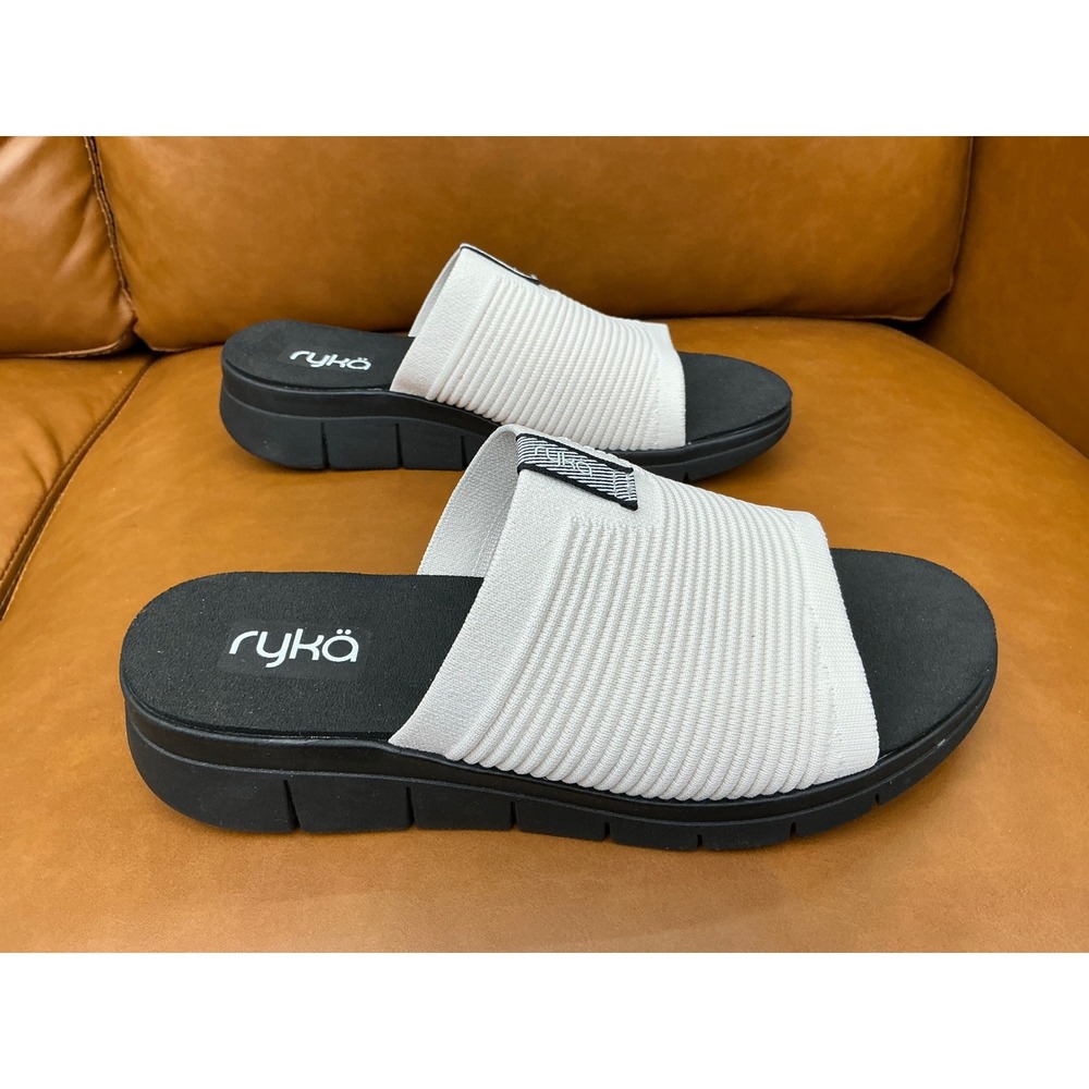 Ryka Epic Slide Sandals Womens 9 White Ribbed Fabric Platform Slip-On
